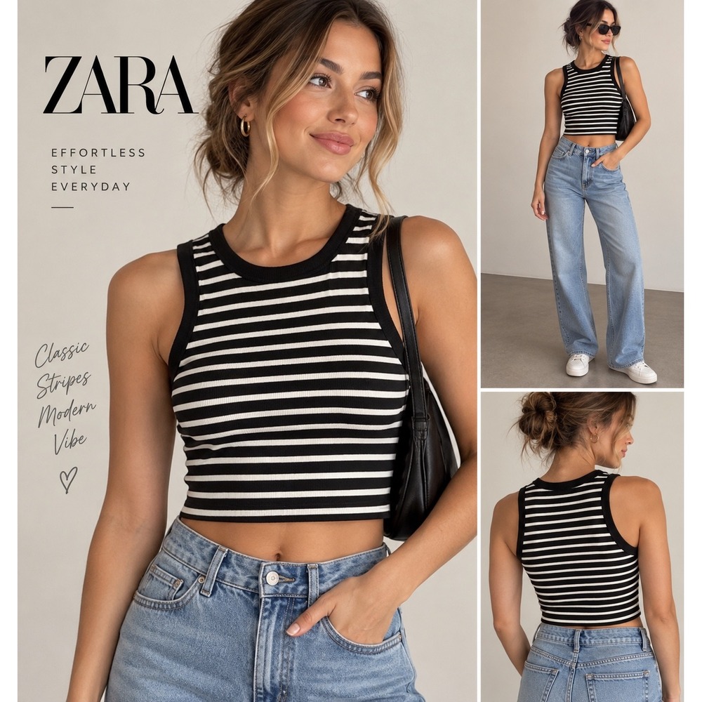 Zara Womens S Black White Striped Ribbed Crop Tank Top Sleeveless Breton Y2K